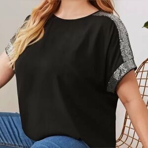 SHEIN Black Short Sleeve Shirt with Silver Sequin Detail